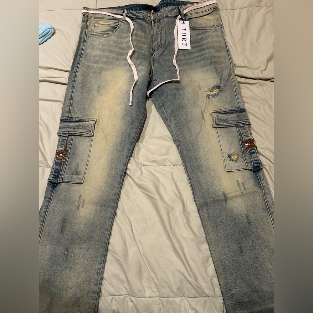 THRT Varsity Distressed Cargo Jeans in Light Wash